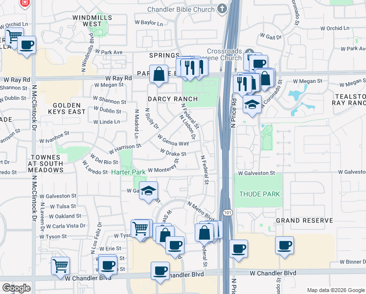 map of restaurants, bars, coffee shops, grocery stores, and more near 3241 West Genoa Way in Chandler