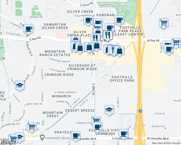 map of restaurants, bars, coffee shops, grocery stores, and more near 14431 South 47th Place in Phoenix