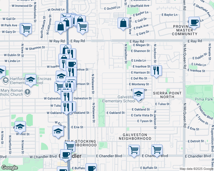 map of restaurants, bars, coffee shops, grocery stores, and more near 413 East Monterey Street in Chandler