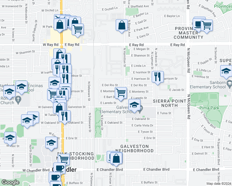 map of restaurants, bars, coffee shops, grocery stores, and more near 513 East Monterey Street in Chandler