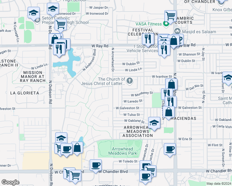 map of restaurants, bars, coffee shops, grocery stores, and more near 695 North Arrowhead Drive in Chandler