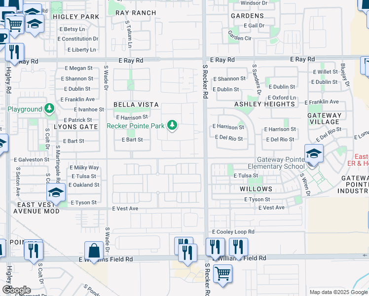 map of restaurants, bars, coffee shops, grocery stores, and more near 3894 East Loma Vista Street in Gilbert