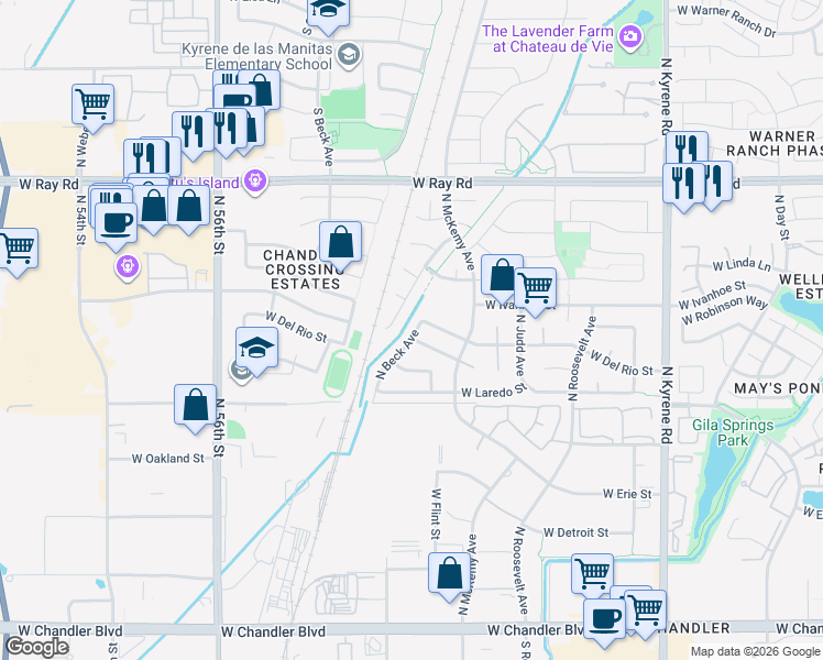 map of restaurants, bars, coffee shops, grocery stores, and more near 656 North Beck Avenue in Chandler