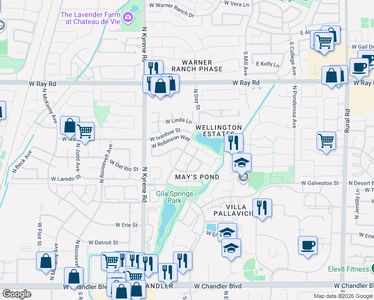 map of restaurants, bars, coffee shops, grocery stores, and more near 5760 West Harrison Street in Chandler