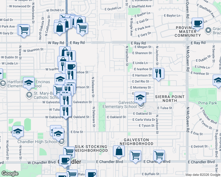 map of restaurants, bars, coffee shops, grocery stores, and more near 443 East Monterey Street in Chandler
