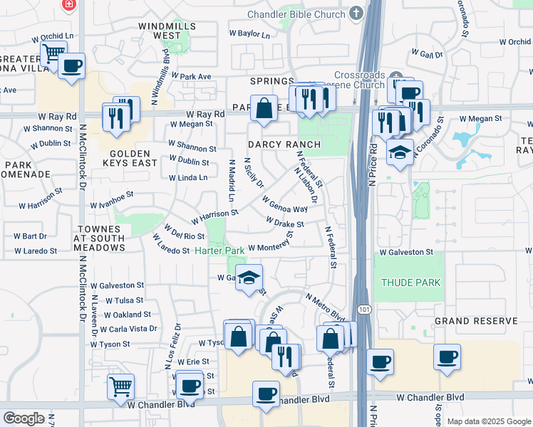 map of restaurants, bars, coffee shops, grocery stores, and more near 3310 West Drake Street in Chandler