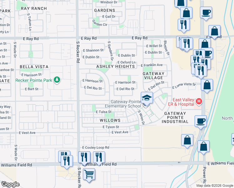 map of restaurants, bars, coffee shops, grocery stores, and more near 4214 East Loma Vista Street in Gilbert