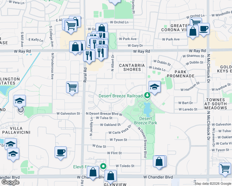 map of restaurants, bars, coffee shops, grocery stores, and more near 637 North Terrace Road in Chandler