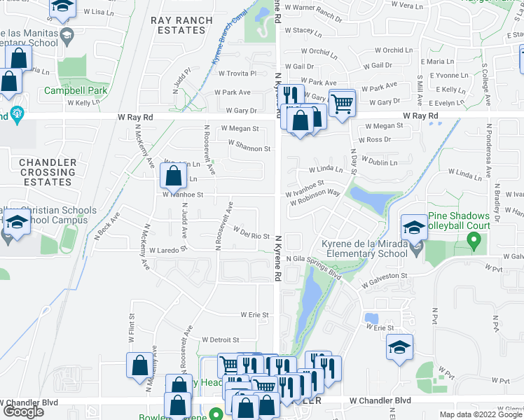 map of restaurants, bars, coffee shops, grocery stores, and more near 739 North Brandon Drive in Chandler