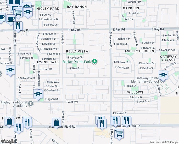 map of restaurants, bars, coffee shops, grocery stores, and more near 1871 South Henry Lane in Gilbert