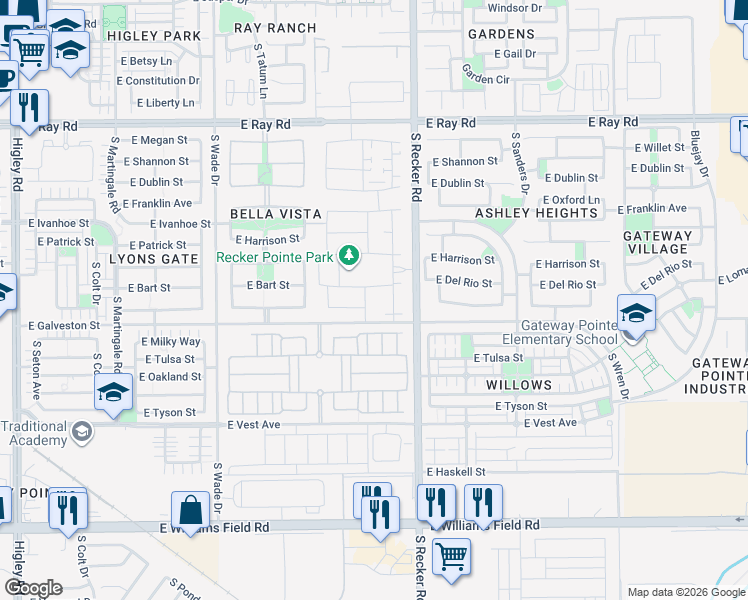 map of restaurants, bars, coffee shops, grocery stores, and more near 3894 East Loma Vista Street in Gilbert