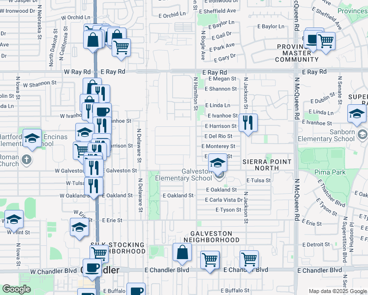 map of restaurants, bars, coffee shops, grocery stores, and more near 513 East Monterey Street in Chandler