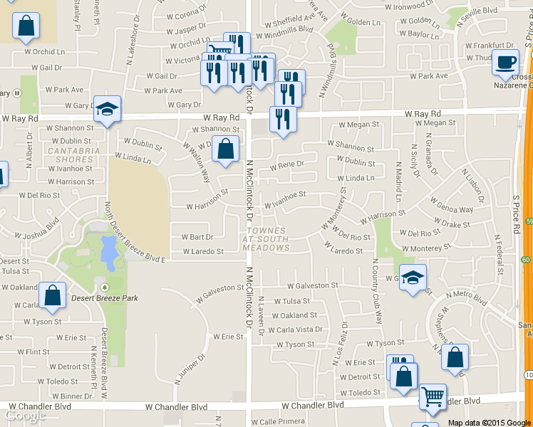 map of restaurants, bars, coffee shops, grocery stores, and more near 3921 West Ivanhoe Street in Chandler