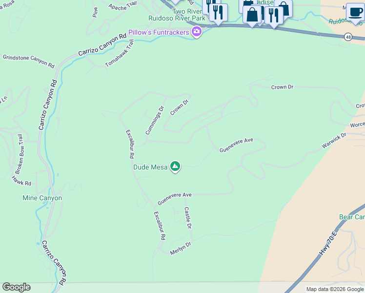map of restaurants, bars, coffee shops, grocery stores, and more near 215-225 Crown Dr in Ruidoso