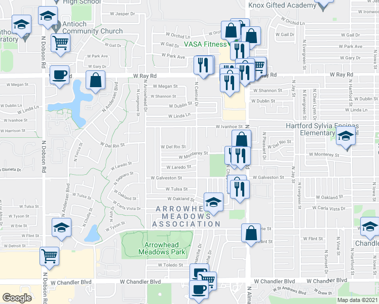 map of restaurants, bars, coffee shops, grocery stores, and more near 1216 West Monterey Street in Chandler