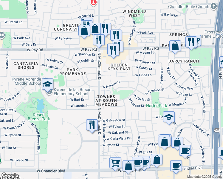 map of restaurants, bars, coffee shops, grocery stores, and more near 3921 West Ivanhoe Street in Chandler