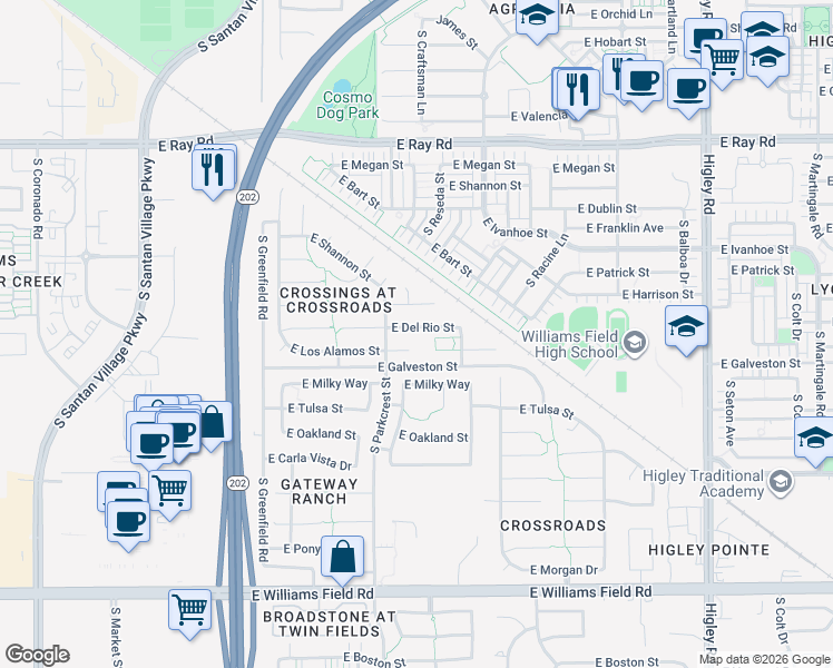 map of restaurants, bars, coffee shops, grocery stores, and more near 2683 East Del Rio Street in Gilbert
