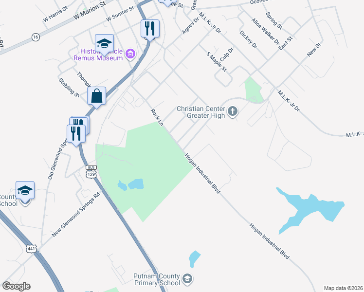 map of restaurants, bars, coffee shops, grocery stores, and more near 211 Sunnyland Drive in Eatonton
