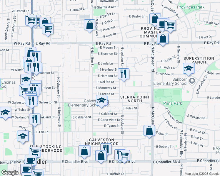 map of restaurants, bars, coffee shops, grocery stores, and more near 2626 East Pecos Road in Chandler