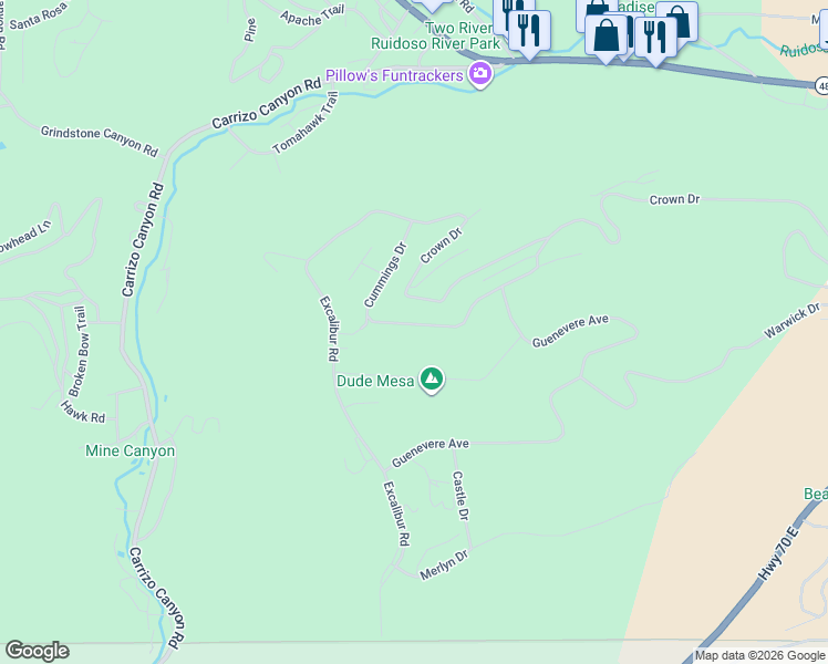 map of restaurants, bars, coffee shops, grocery stores, and more near 223 Cummings Drive in Ruidoso