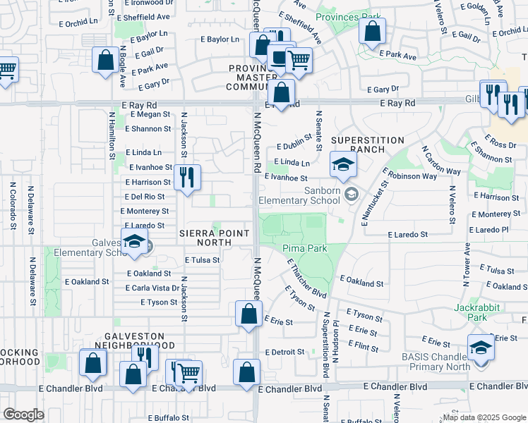 map of restaurants, bars, coffee shops, grocery stores, and more near 701 North McQueen Road in Chandler