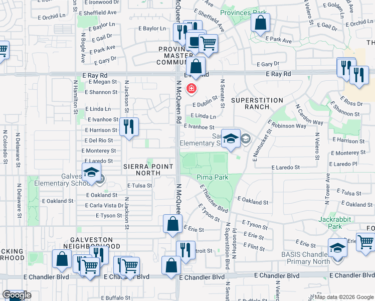 map of restaurants, bars, coffee shops, grocery stores, and more near 701 North McQueen Road in Chandler