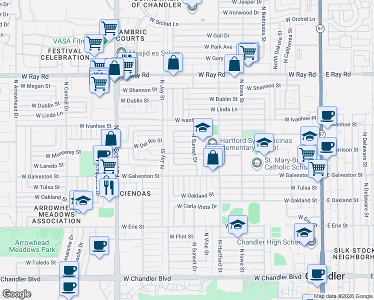map of restaurants, bars, coffee shops, grocery stores, and more near 749 West Monterey Street in Chandler