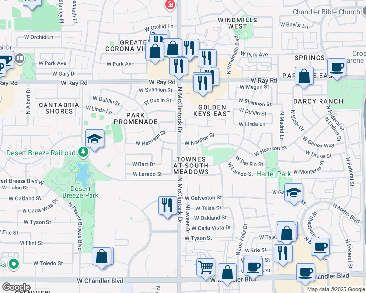map of restaurants, bars, coffee shops, grocery stores, and more near 3921 West Ivanhoe Street in Chandler