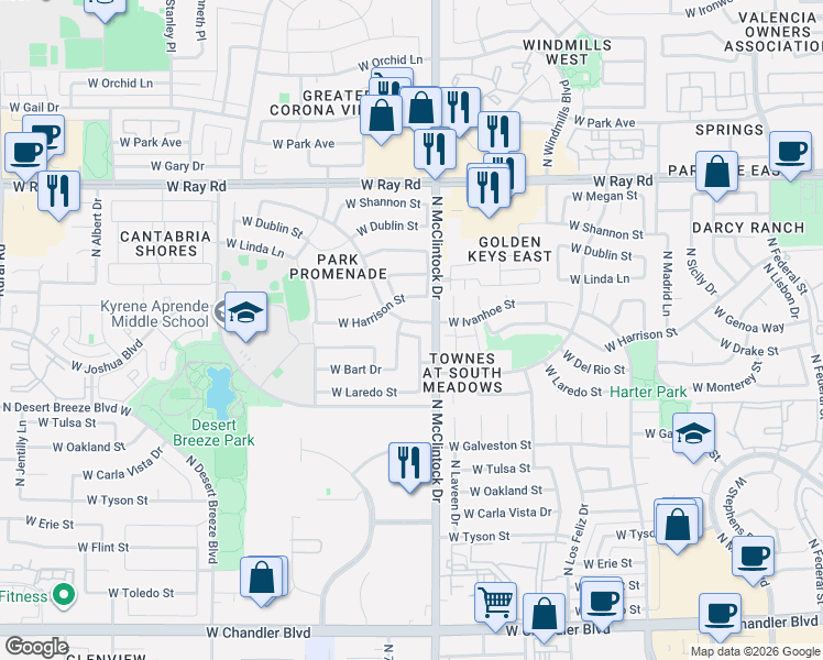 map of restaurants, bars, coffee shops, grocery stores, and more near 690 North Alder Drive in Chandler