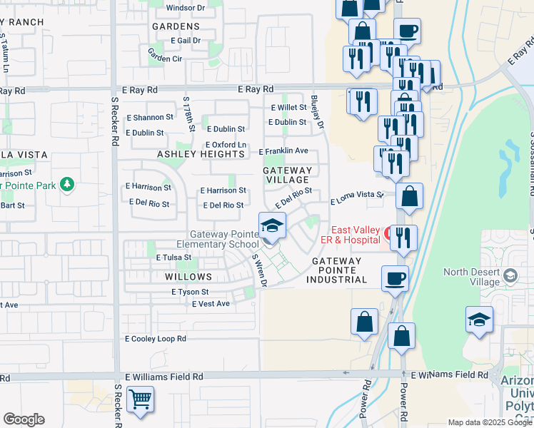 map of restaurants, bars, coffee shops, grocery stores, and more near 1960 South Falcon Drive in Gilbert