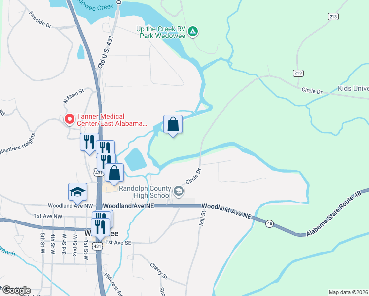 map of restaurants, bars, coffee shops, grocery stores, and more near 360 Fireside Drive in Wedowee
