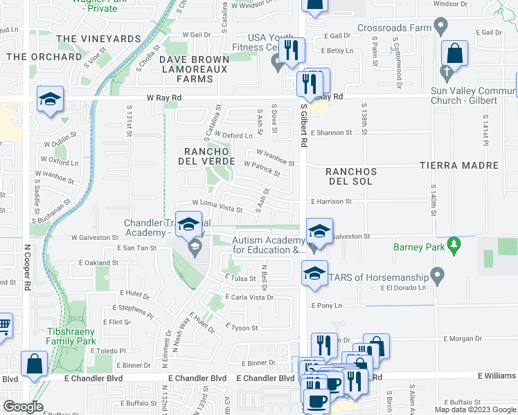 map of restaurants, bars, coffee shops, grocery stores, and more near 1945 South Ash Street in Gilbert
