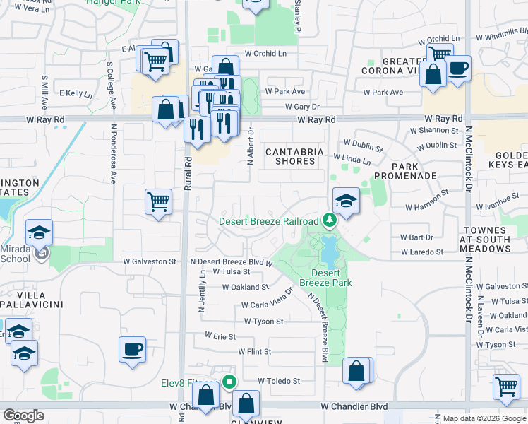 map of restaurants, bars, coffee shops, grocery stores, and more near 637 North Terrace Road in Chandler