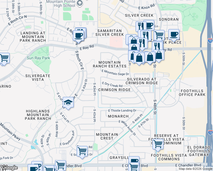 map of restaurants, bars, coffee shops, grocery stores, and more near 4421 East Dry Creek Road in Phoenix