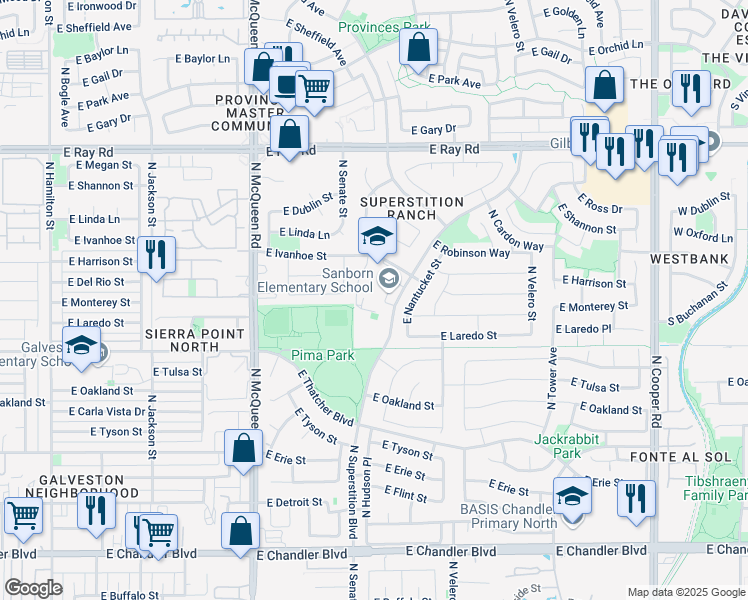 map of restaurants, bars, coffee shops, grocery stores, and more near 700 North Superstition Boulevard in Chandler