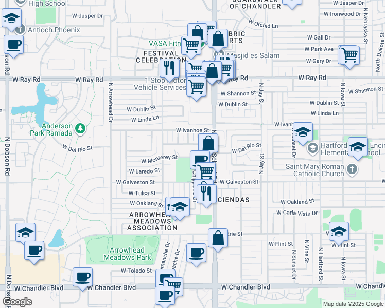 map of restaurants, bars, coffee shops, grocery stores, and more near 651 North Chippewa Street in Chandler