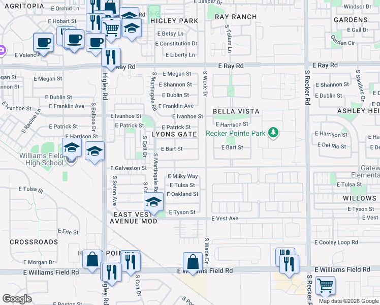 map of restaurants, bars, coffee shops, grocery stores, and more near 3530 East Loma Vista Street in Gilbert