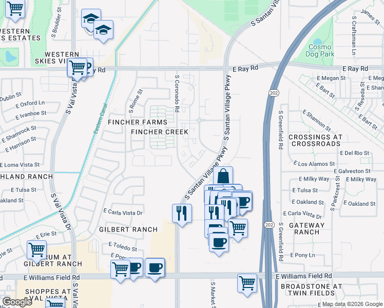 map of restaurants, bars, coffee shops, grocery stores, and more near 1925 South Coronado Road in Gilbert