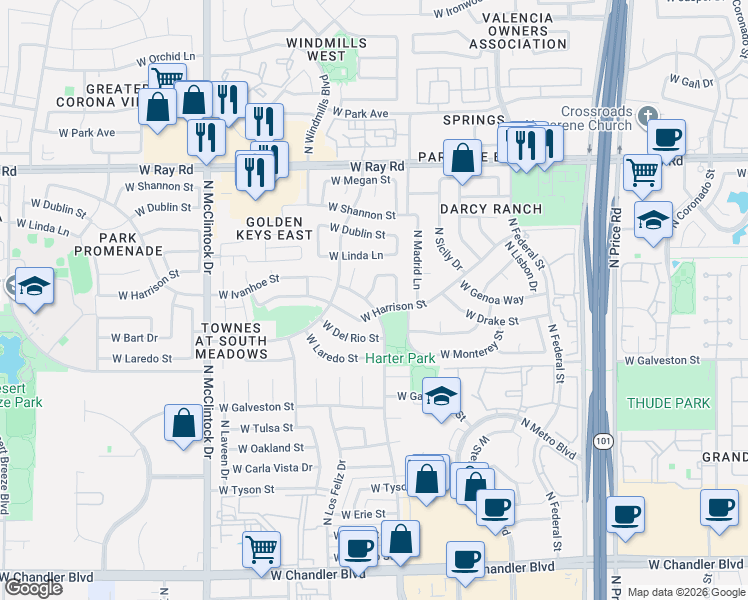 map of restaurants, bars, coffee shops, grocery stores, and more near 712 North Country Club Way in Chandler