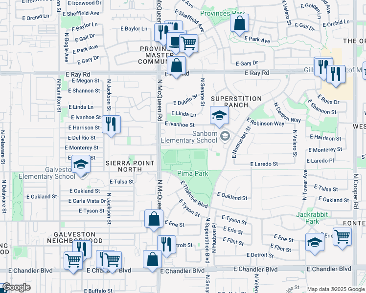 map of restaurants, bars, coffee shops, grocery stores, and more near 1145 East Del Rio Street in Chandler