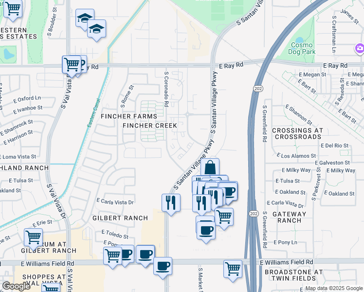 map of restaurants, bars, coffee shops, grocery stores, and more near 1925 South Coronado Road in Gilbert