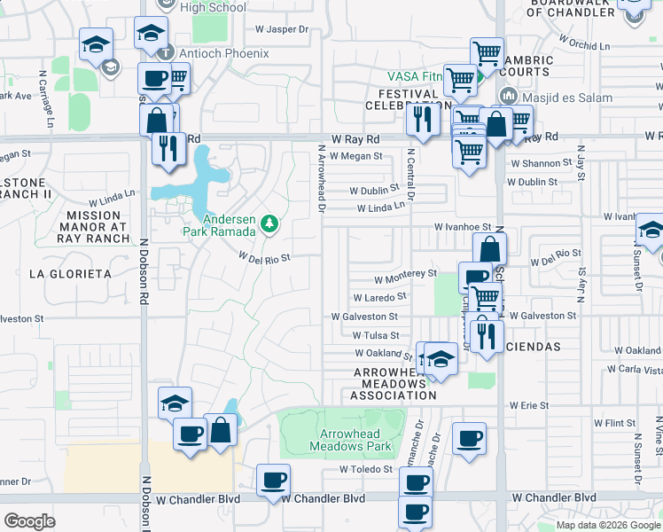map of restaurants, bars, coffee shops, grocery stores, and more near 695 North Arrowhead Drive in Chandler