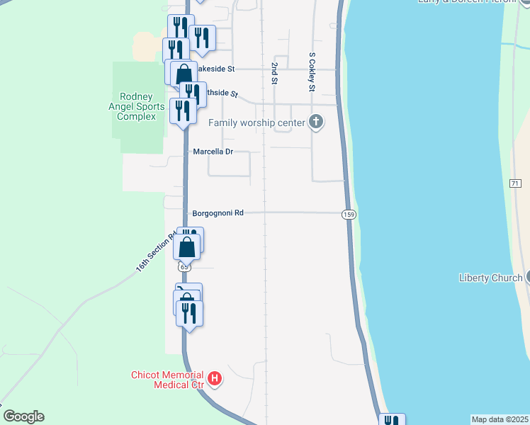 map of restaurants, bars, coffee shops, grocery stores, and more near Borgognoni Road in Lake Village