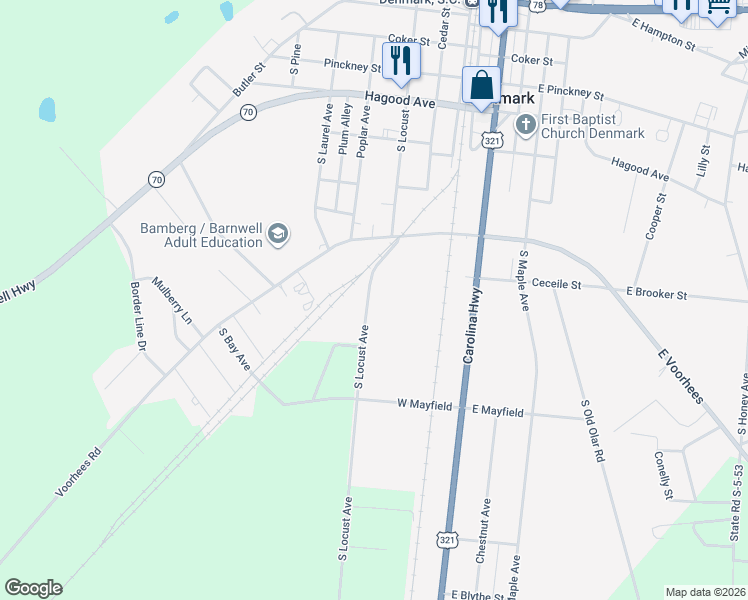 map of restaurants, bars, coffee shops, grocery stores, and more near South Locust Avenue in Denmark