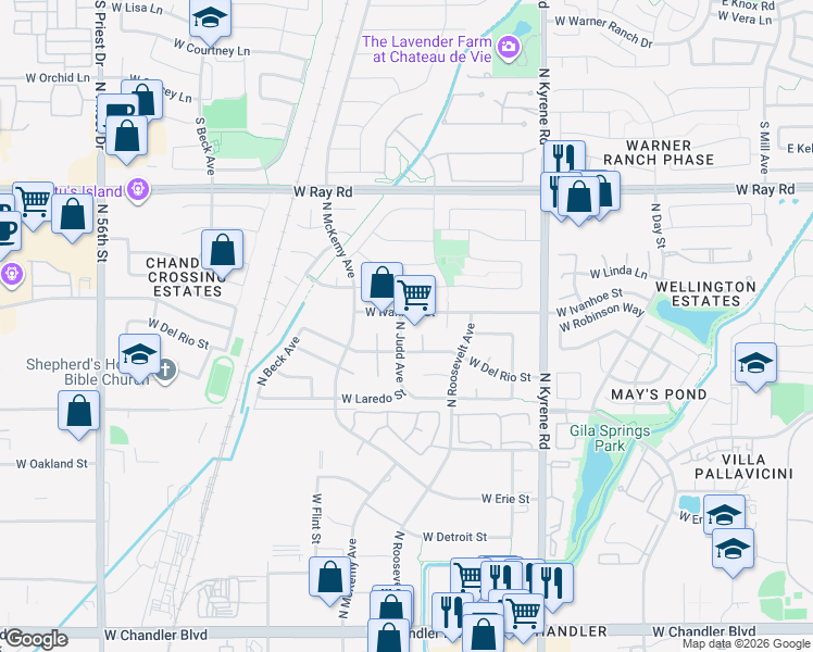 map of restaurants, bars, coffee shops, grocery stores, and more near 723 North Judd Avenue in Chandler