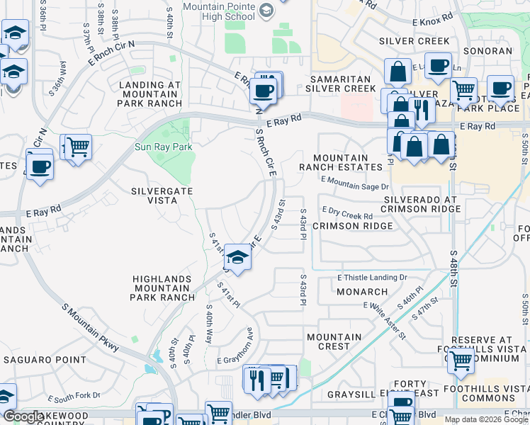 map of restaurants, bars, coffee shops, grocery stores, and more near 14452 South 43rd Street in Phoenix