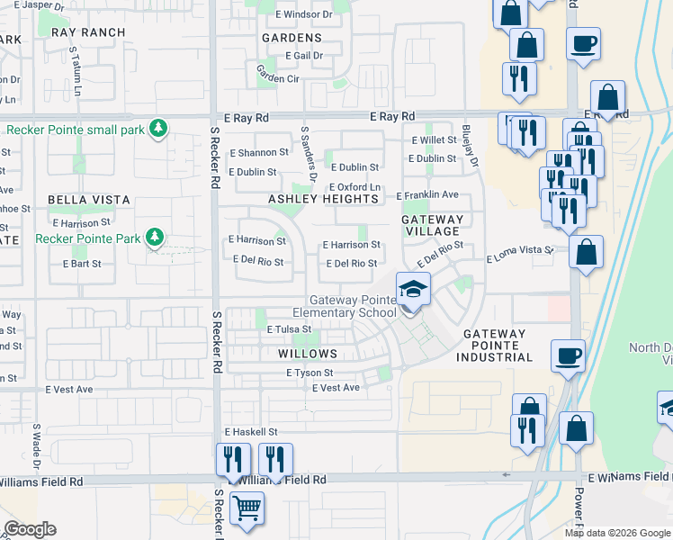 map of restaurants, bars, coffee shops, grocery stores, and more near 4264 East Loma Vista Street in Gilbert