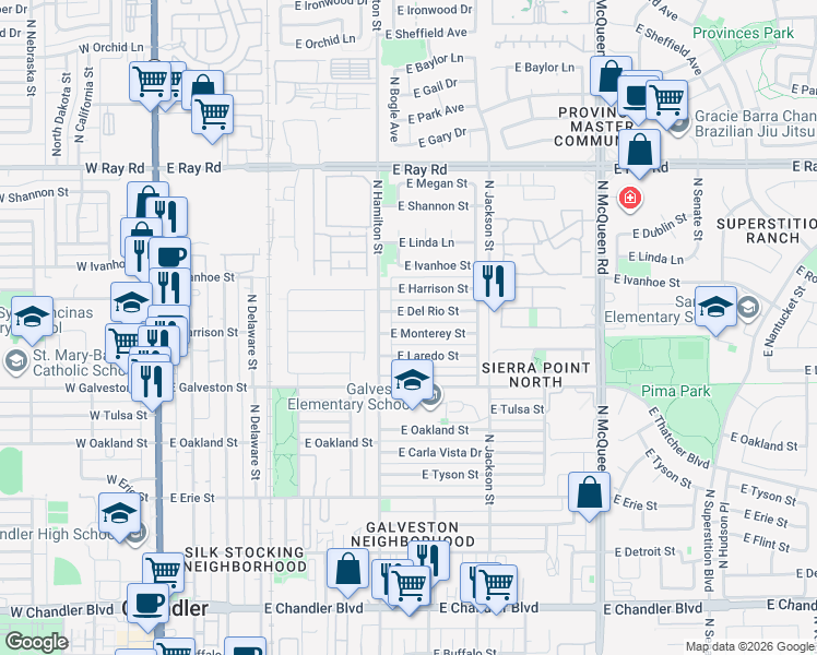 map of restaurants, bars, coffee shops, grocery stores, and more near 685 East Monterey Street in Chandler