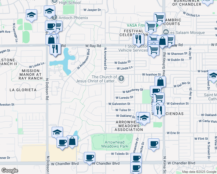map of restaurants, bars, coffee shops, grocery stores, and more near 695 North Arrowhead Drive in Chandler