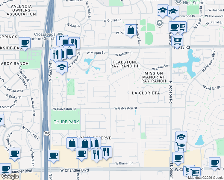 map of restaurants, bars, coffee shops, grocery stores, and more near 2350 West Laredo Street in Chandler